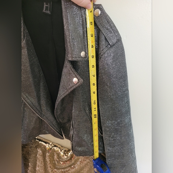 Forever 21 Silver Shimmer Black Biker Jacket Size Large - Picture 8 of 10